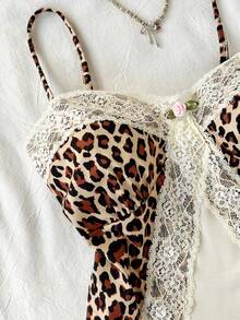 女士休闲复古时尚豹纹撞色蕾丝装饰3D立体花卉吊带背心，适合春夏日常穿着 - 彩色 - 查看 3