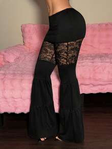 EgrlEra 女士黑色蕾丝拼接复古街头风长裤 - 黑色 - 查看 5