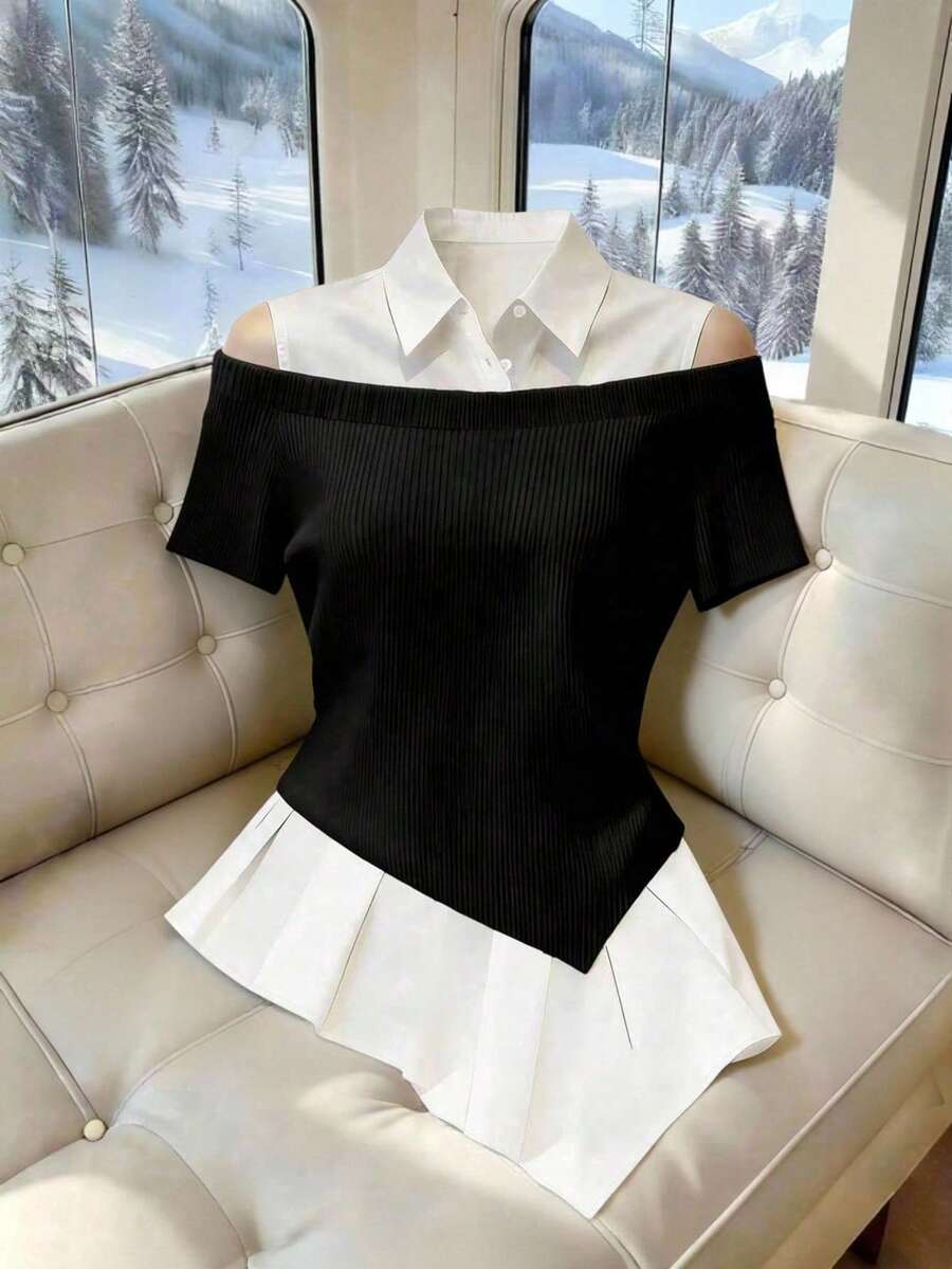 SHEIN Clasi 大尺碼女款夏季黑白配色秋季優雅商務休閒傳統辦公晚宴襯衫領露肩短袖上衣 - 黑與白 - 查看 1