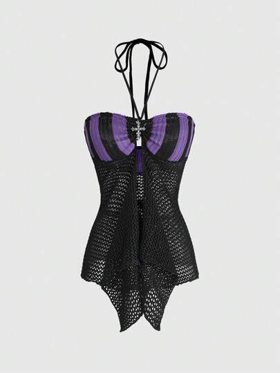 ROMWE Goth Suéter de punto con bloque de color, rayas y bajo asimétrico de estilo gótico y misterioso para mujer