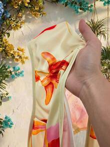 Amplova Áo liền thân nữ gợi cảm in hoa, cổ chữ V khoét sâu, hở lưng, thích hợp cho kỳ nghỉ hè. - Màu vàng - Xem 11