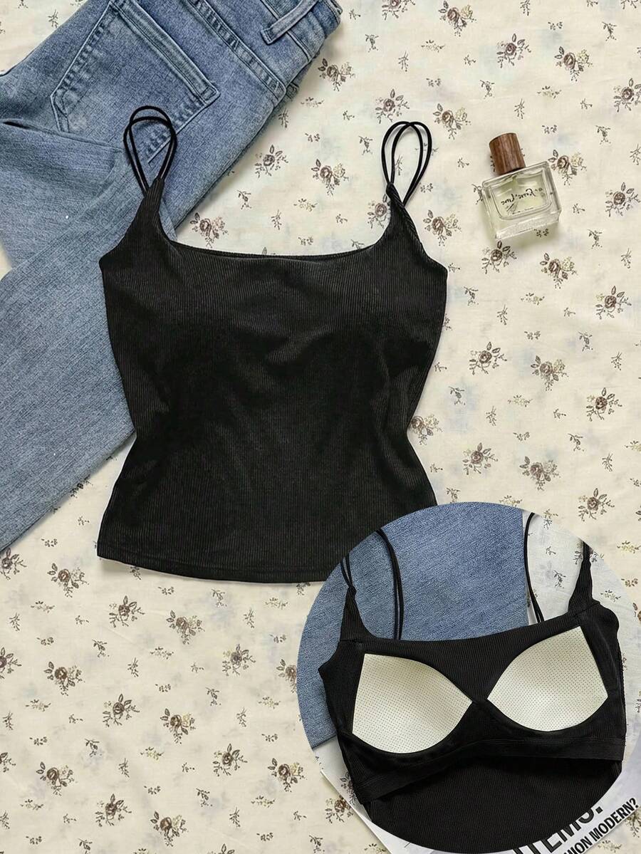 Attitoon Áo hai dây mùa hè dành cho nữ, kiểu dáng đơn giản, màu trơn, chất liệu dệt kim gân, có đệm mút, thích hợp mặc đi làm hàng ngày. - màu đen - Xem 1