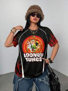LOONEY TUNES X SHEIN Camiseta de Manga Curta com Gola Redonda e Estampa de Desenho Animado para Mulheres Plus Size - Branco - Visão 4