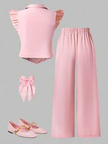 1 Set Elegant Sweet Ruffled Collar Flare Sleeve Double-Breasted Vest + Wide Leg Pants Suit, Commuting Elegant Two Pieces Outfit, Suitable For Birthday Party, Gathering, Daily Wear, Spring/Summer - Pink - View 2