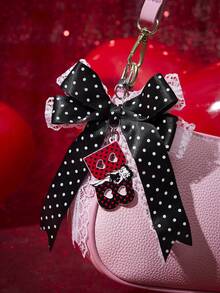 Betty Boop x SHEIN 1PC Betty Boopy Dark Polka Dot Ribbon Lace Bow Bar Badge Keychain Bag Pendant - Multicolor - View 4