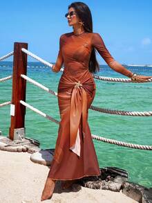 Swim Shayni Bộ đồ bơi Burkini 2 mảnh mùa hè dành cho nữ, in họa tiết hoa ly nâu, gồm váy dài, áo dài tay, quần dài và phụ kiện hình sao biển vàng, trang phục đi biển Trung Đông Ả Rập, đồ bơi, bộ đồ chống nắng. - Nhiều màu - Xem 3