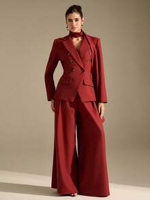 Women's Lapel Cinching Waist Long Sleeve Blazer And Wide Leg Pants Suit Set - Burgundy - View 6