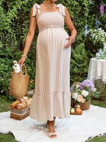 SHEIN Maternity Vacation Striped Patchwork Tie-Up Dress - Khaki - View 6