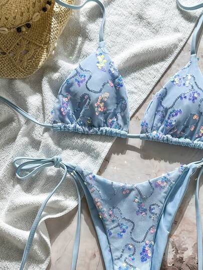 Costavie SHEIN Swim Mod-D 2 Pieces Colorful Sequin Special Fabric Triangle Cup Bra And Side Tie Swim Bottoms Sexy Bikini Set, Spring/Summer Holiday