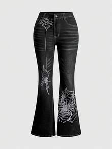 ROMWE Plus Size Gothic Spider Web Embroidered Vintage Dark Wash Jeans - Black - View 1