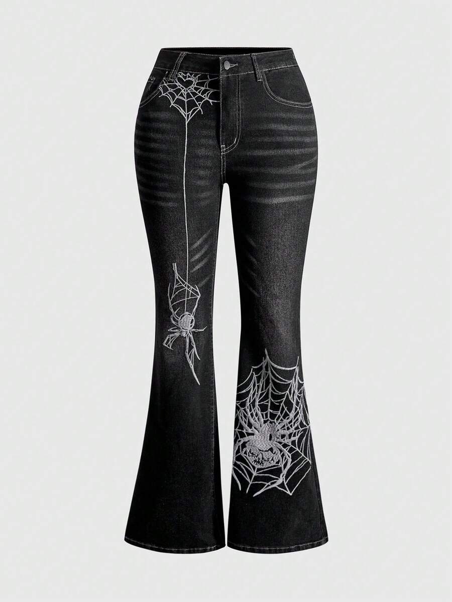 ROMWE Plus Size Gothic Spider Web Embroidered Vintage Dark Wash Jeans - Black - View 1