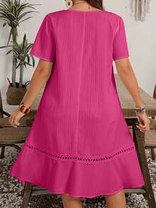 EMERY ROSE Plus Size Women V-Neck Short Sleeve Casual Dress - Hot Pink - View 7