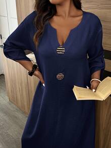 Breezaya Plus Size Casual Solid Color Dress Fall - Navy Blue - View 5