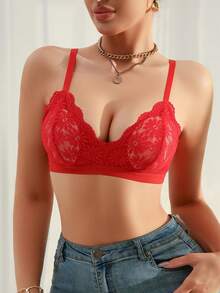 SHEIN 1pc Lace Wireless Bra For Women - Red - View 6