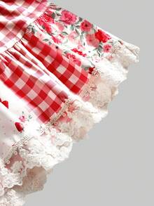 Sweetness Plus Size Cute Countryside Style Patchwork Strawberry Plaid High Waist Vacation Dress, Spring/Summer - Red - View 4