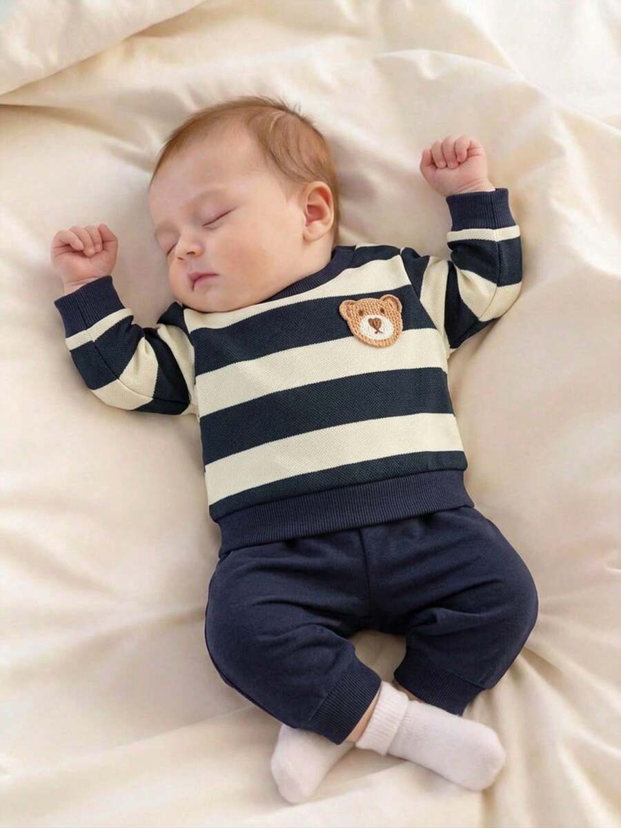 SHEIN Bộ đồ cho bé gái sơ sinh mùa thu gồm áo dài tay màu trắng thêu họa tiết và quần hồng, kiểu dáng giản dị, thời trang và dễ phối đồ. - Màu xanh hải quân - Xem 1