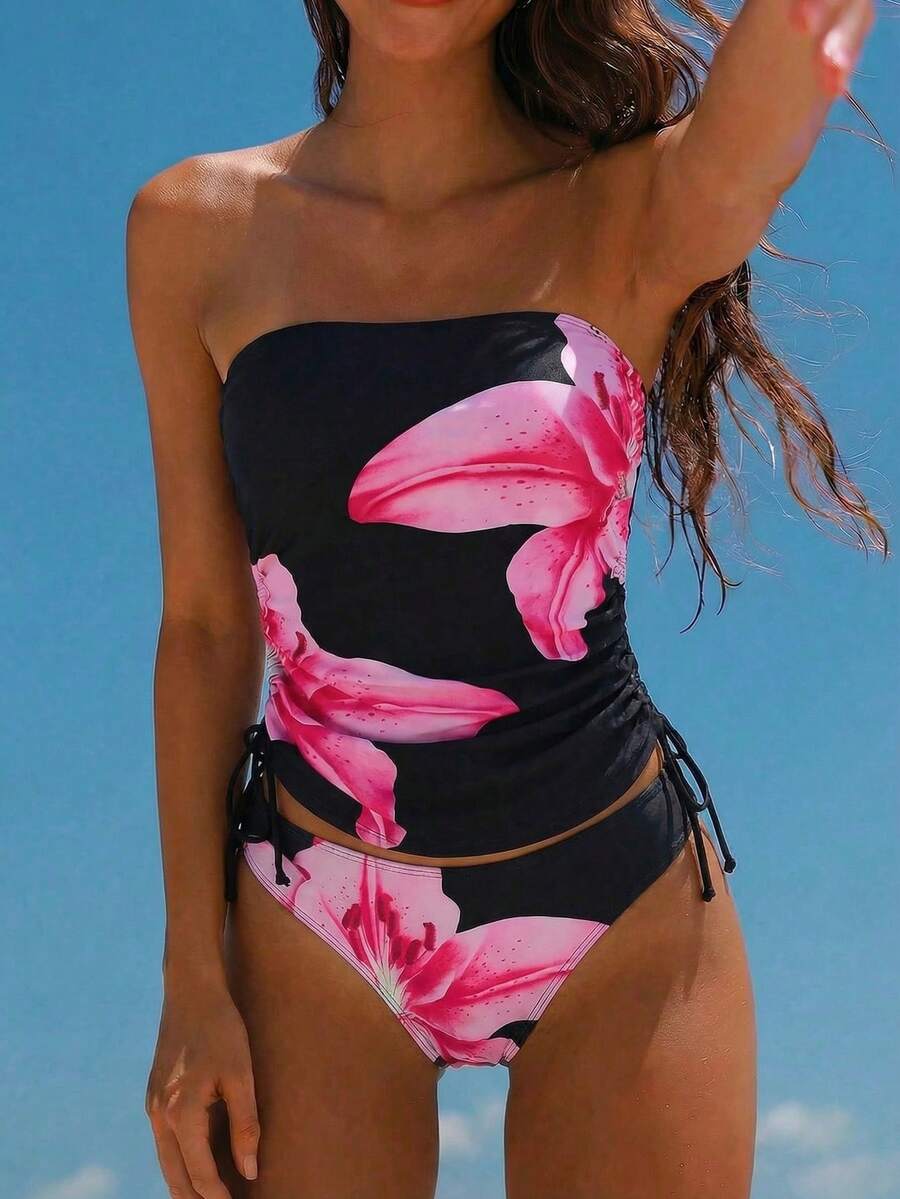 Zestiva 女士局部印花分体泳衣套装，优雅度假休闲设计 - 黑色 - 查看 1