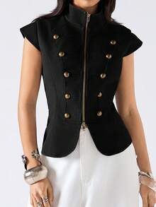LYSMO 2026 New Minimalist Spring/Summer Vintage Stand Collar Jacket, Suitable For Commuting - Black - View 4
