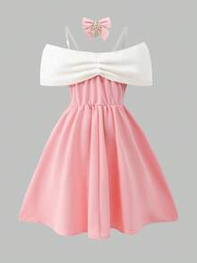Tween Girl's Waist Off-Shoulder Bow Tie Short Ruffled Mini Dress, Daily, Outfit - Pink - View 2