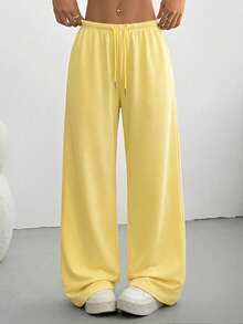 CovetEZ 女士夏季休闲宽松前系带运动裤，适合日常穿着、毕业季、返校季、毕业典礼、女教师服装 - 鵝黃色 - 查看 3