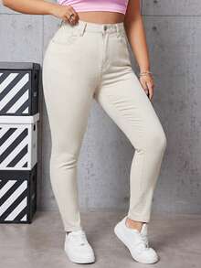 SHEIN EZwear 大码休闲日常纯色斜插口袋修身牛仔裤 - 杏色 - 查看 6