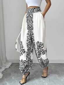 Elenzga Elegant Printed Pattern Loose Fit Drawstring Waist Women Pants - Black and White - View 5