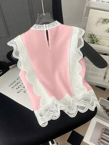 SHEIN LUNE 女士春夏法式优雅蕾丝拼接立领无袖刺绣休闲百搭衬衫 - 淺粉色 - 查看 2