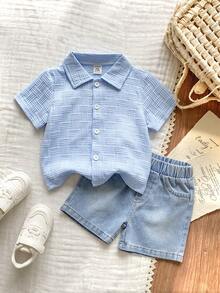 SHEIN Vintaside Kids Baby Boy Single-Breasted Short Sleeve Shirt And Denim Shorts Casual Daily Outfit - Blue - View 6