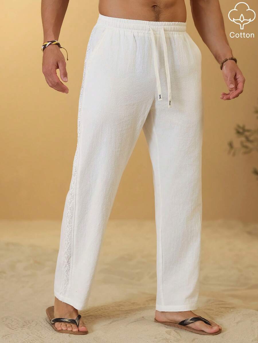 Men's Patchwork Jacquard Cotton Linen Pants - White - View 1
