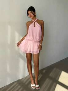 Aloruh New Arrival Women's Solid Color Halter Neck Tie Ruffle Hem Casual Dress, Suitable For Spring/Summer Holiday,Summer Dresses For Women - Baby Pink - View 7