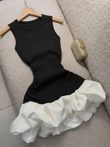 GlowEve Đầm dệt kim phối màu dáng phồng có thắt eo dành cho nữ, kiểu dáng thanh lịch, thích hợp cho các sự kiện cưới hỏi. - Đen và trắng - Xem 1