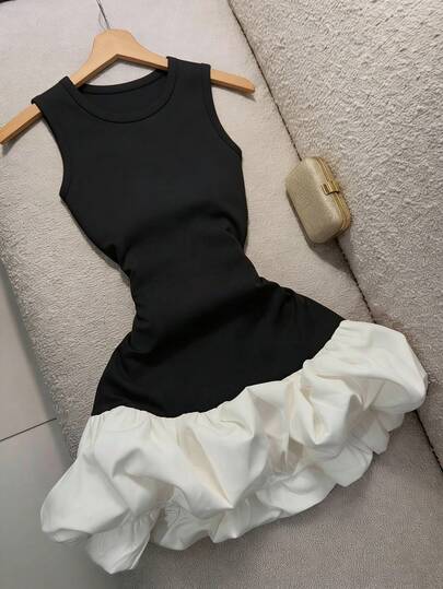 GlowEve Đầm dệt kim phối màu dáng phồng có thắt eo dành cho nữ, kiểu dáng thanh lịch, thích hợp cho các sự kiện cưới hỏi.