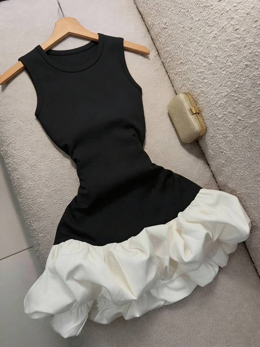 GlowEve Đầm dệt kim phối màu dáng phồng có thắt eo dành cho nữ, kiểu dáng thanh lịch, thích hợp cho các sự kiện cưới hỏi. - Đen và trắng - Xem 1