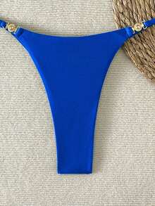 SHEIN Swim SXY 女士夏季沙滩性感度假金属配饰，细肩带丁字裤，性感比基尼套装 - 寶藍色 - 查看 4