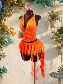 Amplova 女士两件套：深V领上衣+层叠荷叶边网纱裙，性感前卫 - 亮橙色 - 查看 5