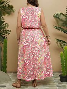 SHEIN LUNE 大码女士休闲无袖连衣裙，佩斯利印花，适合度假 - 粉色 - 查看 2