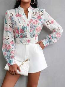 EMERY ROSE Random Printed Long Sleeve Blouse Button Up Shirt Women  - Multicolor - View 4