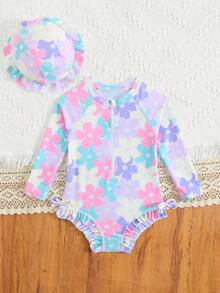 Souflis Souflis Baby Girl Floral Print Soft & Smooth Fabric Long Sleeve Zipper Front Contrast Color Raglan Sleeve Side Bow Romper Swimsuit With Sun Hat, 2pcs Set - Multicolor - View 5