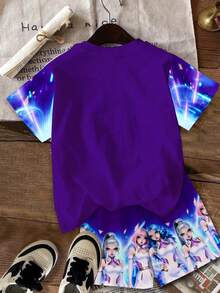 SHEIN 女童休闲圆领卡通字母印花短袖T恤短裤套装，适合度假、聚会、日常穿着、音乐会等场合。 - 彩色 - 查看 4