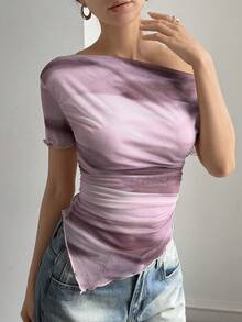 DAZY 女士休闲优雅渐变粉色网眼T恤，春夏款 - 粉色 - 查看 5