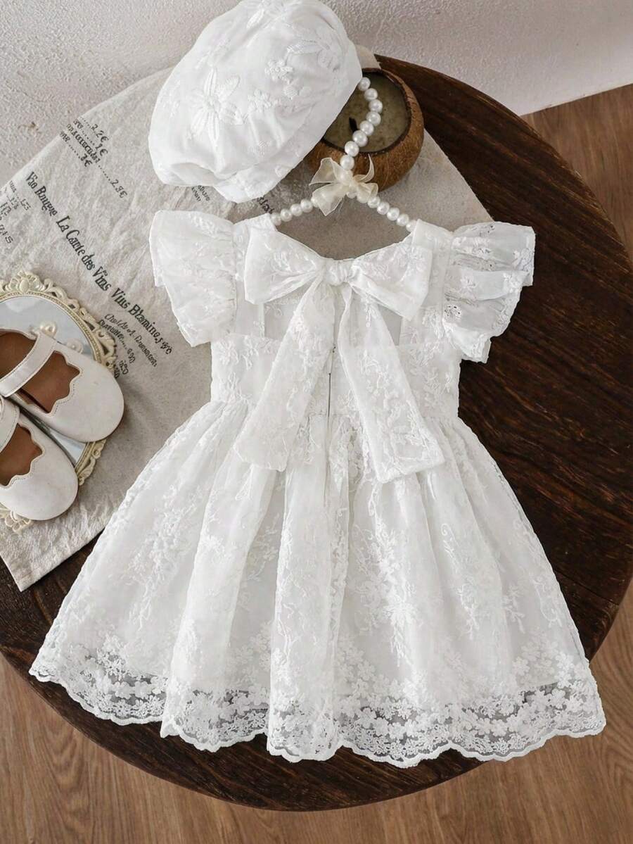 SHEIN Baby Girl Lace Embroidered Chiffon Cap Sleeve A-Line Dress With Bow Back, White - White - View 1