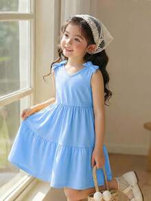 SHEIN Đầm không tay cổ chữ V cho bé gái, đầm công chúa hở lưng thắt nơ, đầm tối giản màu xanh dương thoải mái cho kỳ nghỉ, đầm không tay mùa hè cho bé gái. - Màu xanh lam - Xem 6