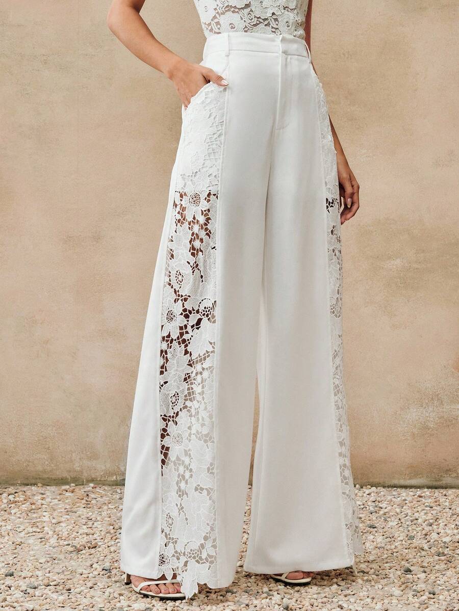 Anewsta Quần ống rộng dáng suông thanh lịch thời trang nữ, quần tây trắng sành điệu, thích hợp cho mùa xuân. - trắng - Xem 1