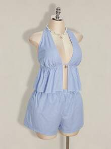SHEIN ICON Plus Size Women's Blue And White Striped Summer Set,Deep V-Neck Top & Loose Shorts,Y2K Retro Beach Vacation Holiday,Metallic Starfish Decoration - Blue and White - View 6