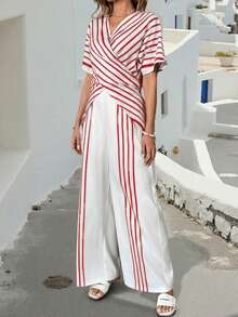 SHEIN Holidaya Women's Elegant Casual Vacation Striped 2 Pieces Set - Red - View 7