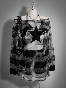 SHEIN ICON 大尺碼女款黑色秋季 2000s Y2K 70s 90s 露肩半透視洋裝，五角星貼花刺繡，適合夜店派對、夜生活、寬鬆版型 - 黑與白 - 查看 5
