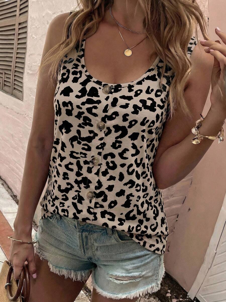 EMERY ROSE New Arrival Women's Fashion Floral & Leopard Print Round Neck Button Vest - Multicolor - View 1