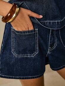 Poéselle Bộ áo gile và quần short denim nữ kiểu dáng thường ngày, thích hợp cho mùa hè. - Rửa tối - Xem 3