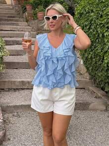 Auralis Áo kiểu công sở thanh lịch bằng vải lưới xuyên thấu mới, kiểu dáng bồng bềnh, thích hợp cho kỳ nghỉ hoặc đi làm, áo voan Tencel nhăn màu xanh dương, chất liệu xuyên thấu mềm mại. - Màu xanh lam - Xem 2