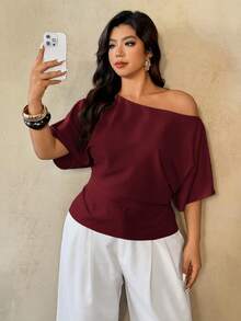Auralis Plus Size Spring/Summer New Versatile Minimalist Commuter Asymmetric Batwing Sleeve Ruched Waist Fitted Pullover Blouse - Burgundy - View 6